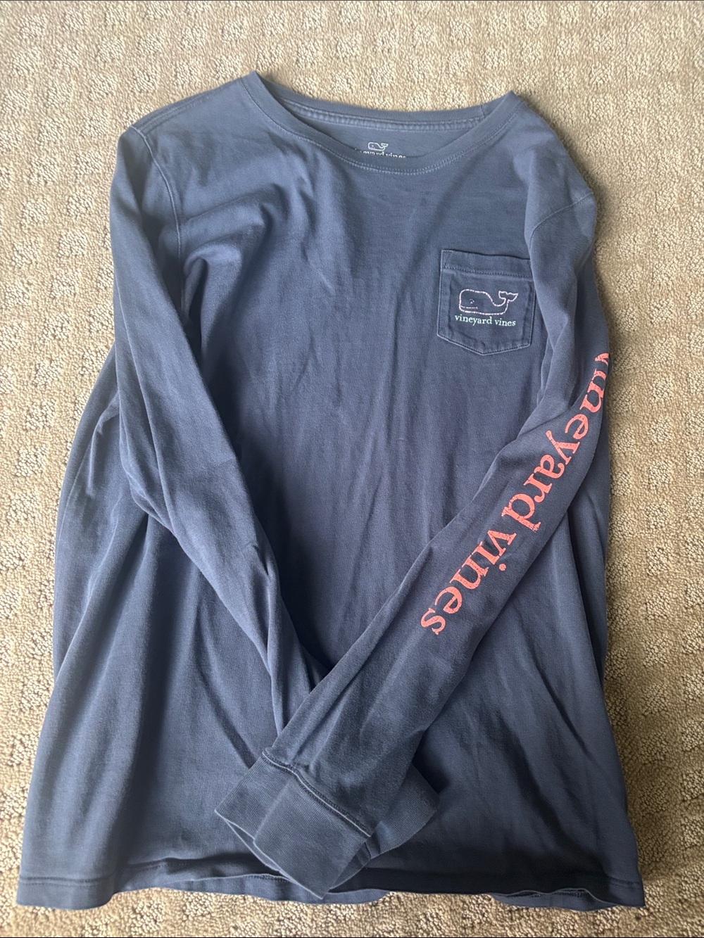 Vineyard Vines Navy Long Sleeve Pocket Tee with Pink Sleeve Script